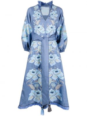 Žakárové květinové lněné midi šaty Yuliya Magdych Modré