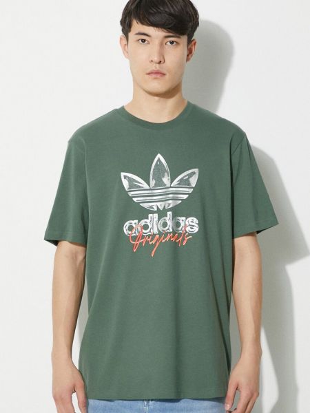 Бавовняна футболка з принтом Adidas Originals зелена