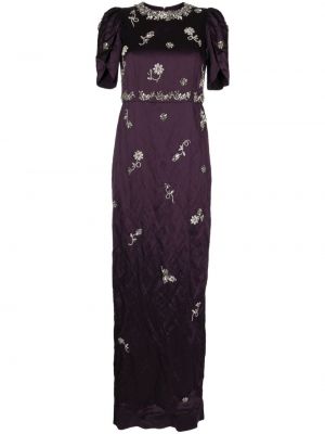 Květinové saténové večerní šaty Erdem fialové