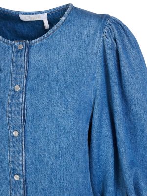Bavlněná lněná džínová košile s balonovými rukávy Chloé modrá