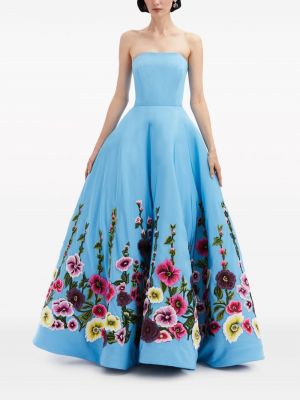 Gėlėtas siuvinėtas suknele kokteiline Oscar De La Renta mėlyna