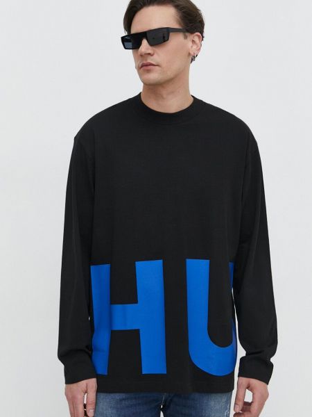 Bavlněné tričko s dlouhým rukávem s potiskem s dlouhými rukávy Hugo Blue