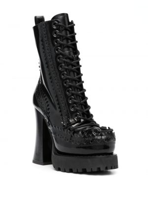 Krajkové kožené šněrovací kotníkové boty Moschino černé