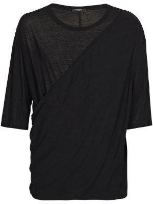 Bombažna majica z draperijo Balmain črna