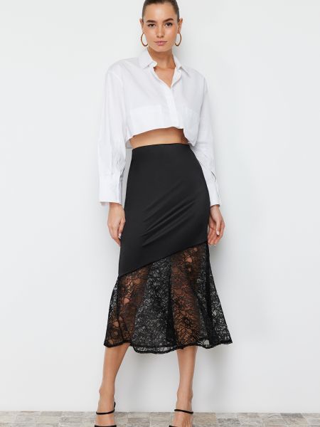 Satenska suknja s čipkom Trendyol crna