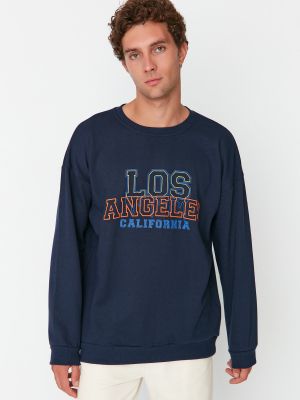 Pamučna hoodie bez kapuljače s vezom oversized Trendyol plava