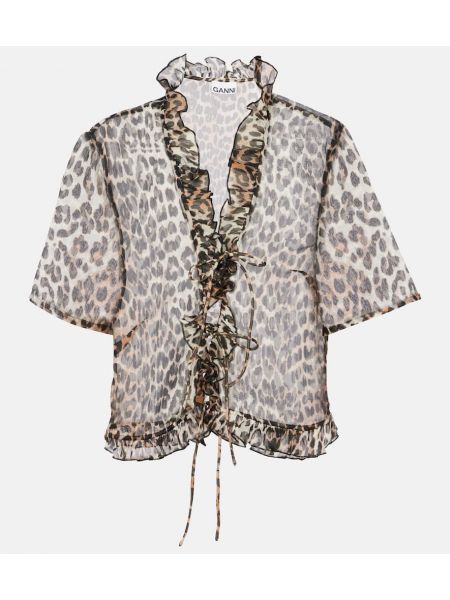 Leopard trykt chiffong kort bluse Ganni brun