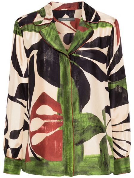 Satynowa koszula z nadrukiem w abstrakcyjne wzory Alberta Ferretti zielona