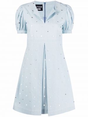 Bavlněné mini šaty na zip s výstřihem do v Boutique Moschino - modrá