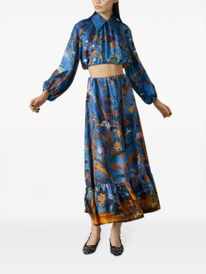 Jedwabna długa spódnica w kwiatki Gucci niebieska