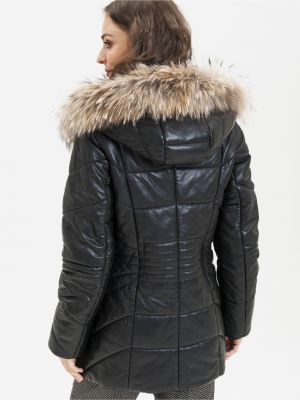 Černý kožený kabát s kožíškem Kara