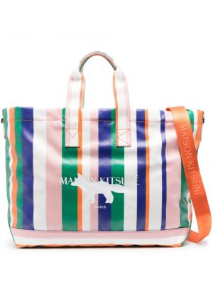 Памучни шопинг чанта на райета с принт Maison Kitsuné бяло