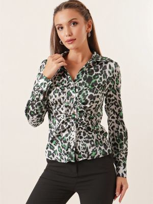 Сатенена риза с принт с леопардов принт By Saygı зелено