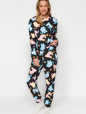 Pletena pamučna pidžama s printom Trendyol crna
