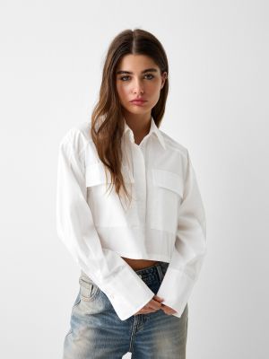 Поплиновая рубашка с короткими рукавами и карманом Bershka белый