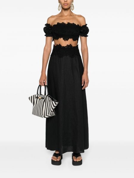 Laneni midi suknja s cvjetnim printom s čipkom Ermanno Scervino crna