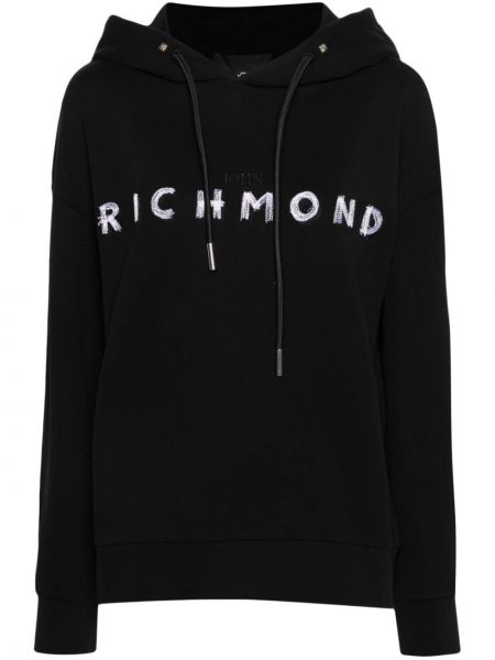 Pamučna hoodie s kapuljačom s vezom John Richmond crna