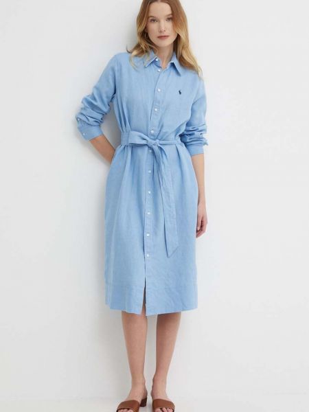 Lniana sukienka mini Polo Ralph Lauren niebieska