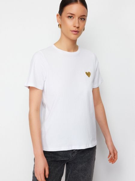 Pletena pamučna osnovna majica s vezom Trendyol bijela