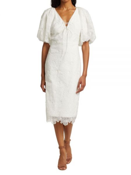 Кружевное платье с пышными рукавами Monique Lhuillier белое