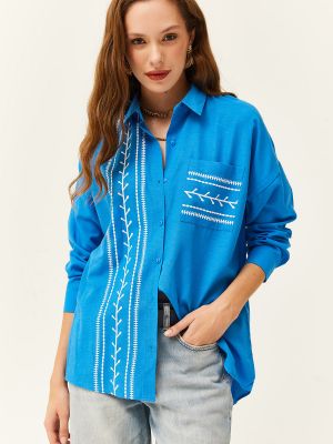 Pletená košeľa s potlačou s vreckami Olalook modrá