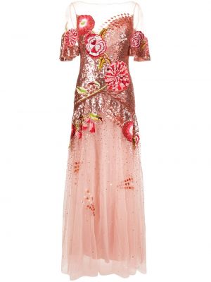 Tylové květinové večerní šaty s flitry Temperley London růžové