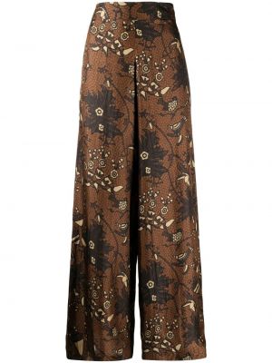 Květinové hedvábné kalhoty s potiskem Biyan hnědé