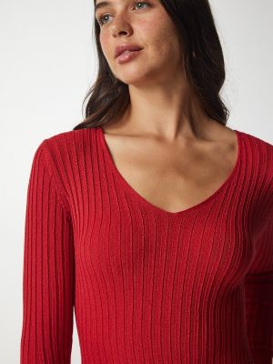 Bluza iz rebrastega žameta z v-izrezom Happiness İstanbul rdeča