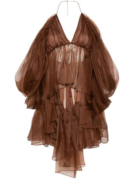 Прозрачна копринена блуза с волани Zimmermann кафяво