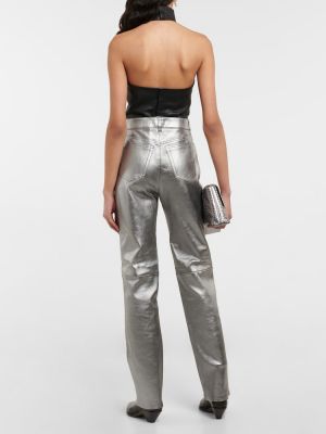 Kožené rovné kalhoty s vysokým pasem Stouls stříbrné