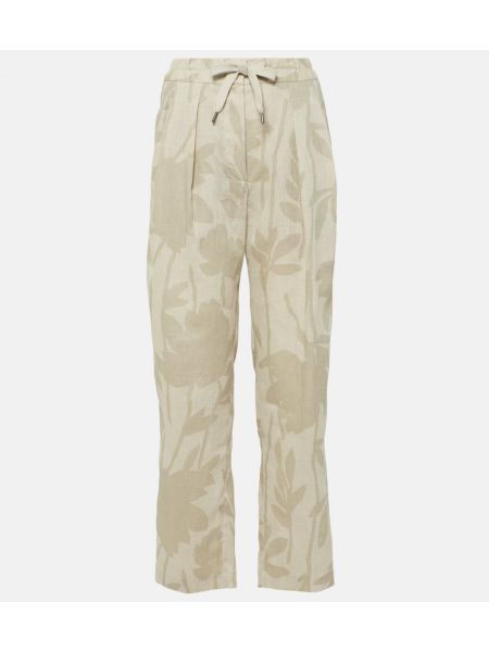 Lněné rovné kalhoty s potiskem Brunello Cucinelli béžové