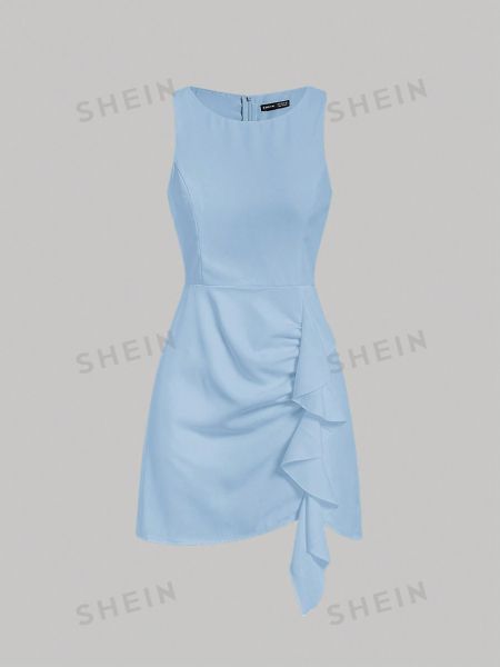 SHEIN MOD однотонное платье-жилет без рукавов с бретелькой на шее и рюшами голубые