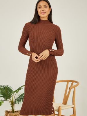 Трикотажный приталенный платье миди Mela коричневый