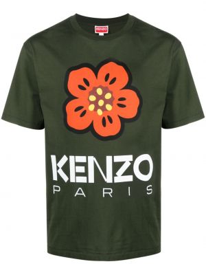 Kvetinové bavlnené tričko s potlačou Kenzo zelená