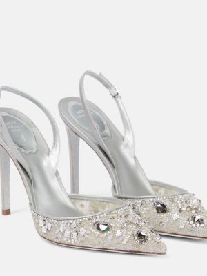 Pantofi cu toc din dantelă slingback Rene Caovilla argintiu