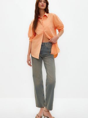 Pletená bavlnená košeľa s vreckami Trendyol oranžová