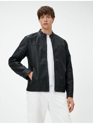 Kožna jakna s patentnim zatvaračem s okruglim izrezom s džepovima Koton