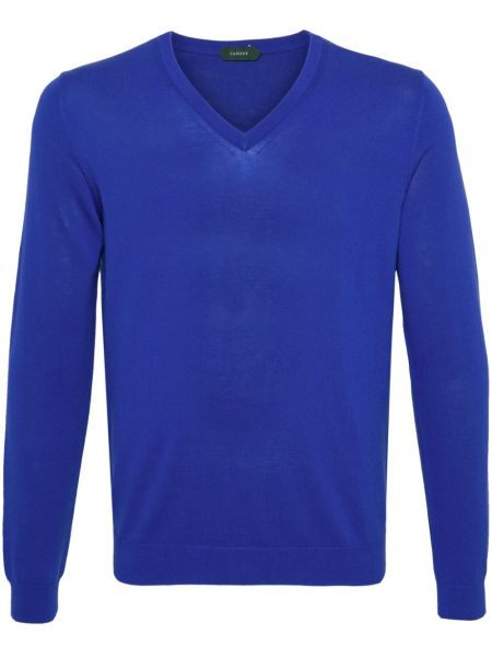 Плетен пуловер с v-образно деколте Zanone синьо