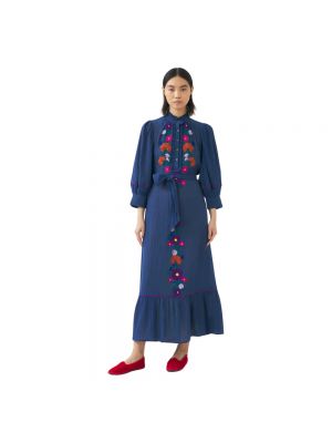Haftowana sukienka długa Antik Batik niebieska