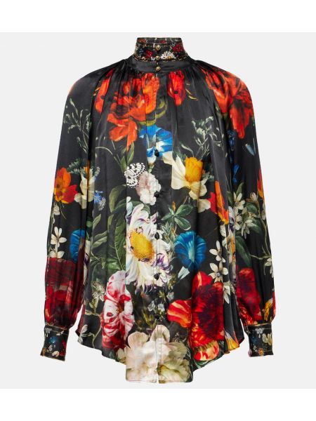 Bluză de mătase cu model floral Camilla negru