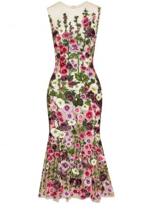 Haftowana sukienka koktajlowa bez rękawów w kwiatki Oscar De La Renta zielona