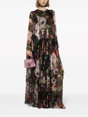 Květinové hedvábné dlouhé šaty s potiskem Dolce & Gabbana černé