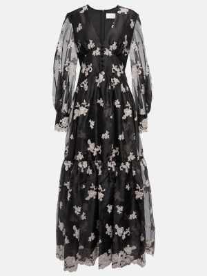 Jedwabna haftowana sukienka długa w kwiatki Erdem czarna