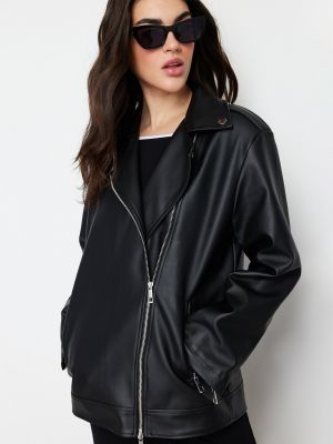 Oversized kožený kabát z imitace kůže Trendyol černý