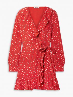 Платье мини с запахом и шелковым крепом с принтом и оборками MIU MIU красный