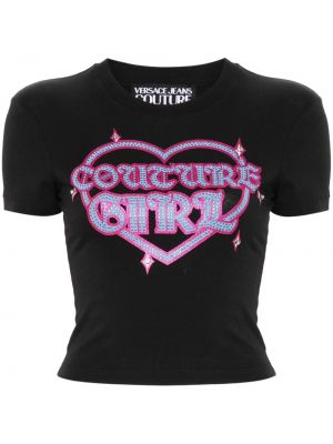 Тениска с принт с кристали Versace Jeans Couture черно