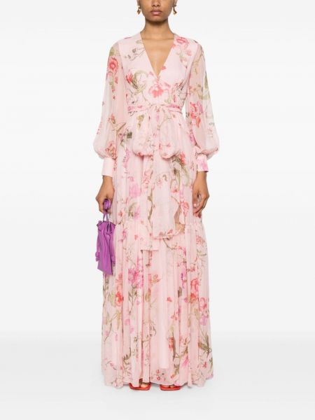 Mustriline lilleline siidist rihmaga kleit Erdem roosa