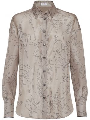 Jedwabna bluzka z nadrukiem Brunello Cucinelli brązowa