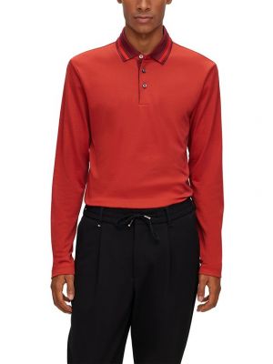 Мужская рубашка-поло с длинными рукавами и тканым узором приталенного кроя Hugo Boss красный