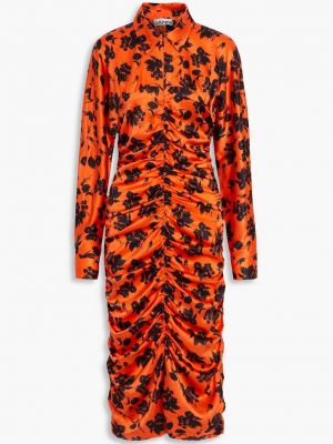 Атласное платье миди в цветочек с принтом Ganni оранжевое